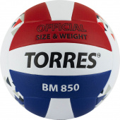 Мяч волейбольный "TORRES BM850", р.5, синтетическая кожа (ПУ), клееный, бут. кам., бел-син-красный