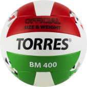 Мяч волейбольный "TORRES BM400", р.5, синт. кожа (ТПУ), клееный, бут.кам., бело-крас-зелен