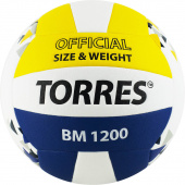 Мяч волейбольный "TORRES BM1200", р.5, синт.кожа (микрофибра), клееный, бут.кам, бел-син-желтый